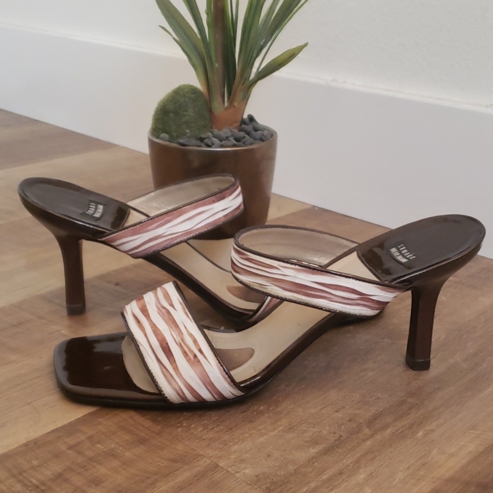 Stuart Weitzman Striped Block Heel Sandals Brown Pink White Square Toe - Picture 2 of 6